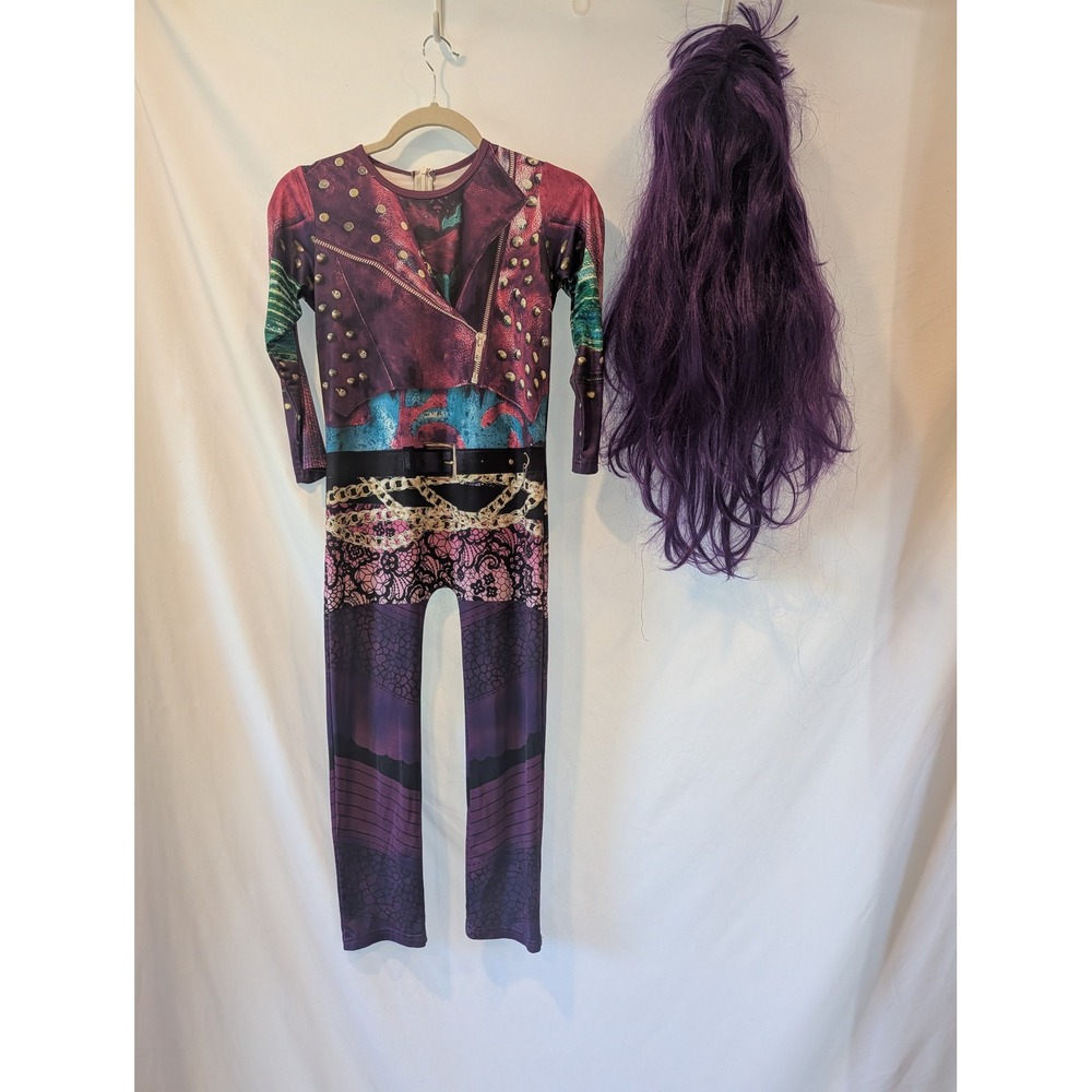 Disney Descendants Mal Costume with Wig Girls Size 130 Purple Jumpsuit Outfit